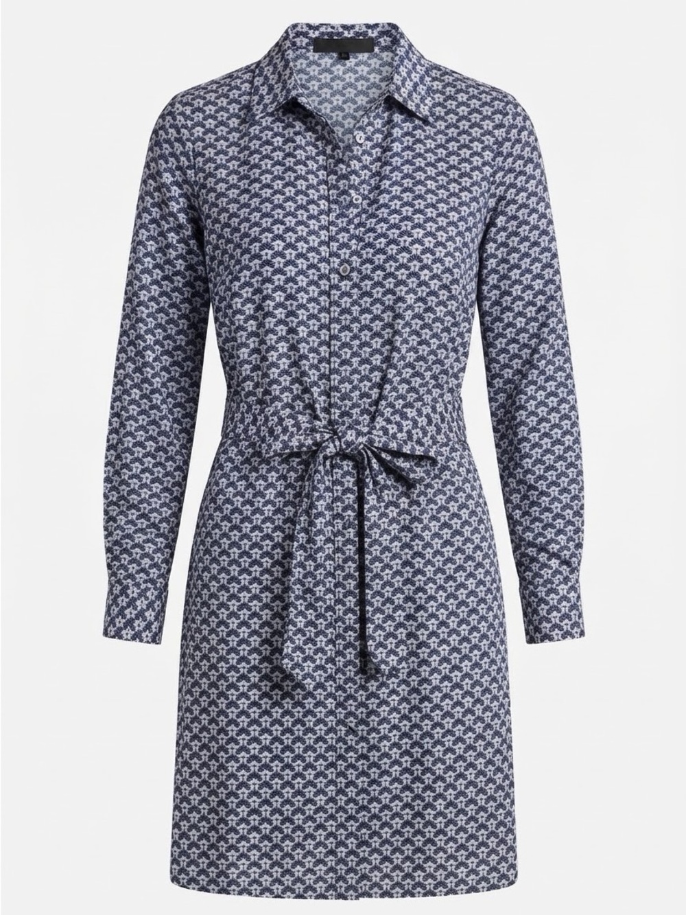 Long Sleeve Tie-Waist Patterned Shirt Dress - Navy/White
